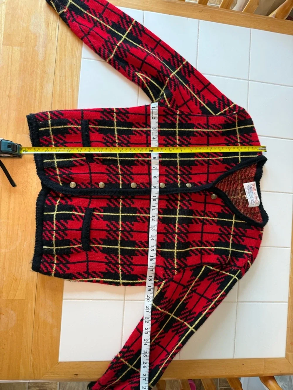 Vintage Tally Ho Red Plaid Knit Jacket with Black Trim 1980s Womens Medium - Picture 13 of 14